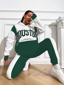 SHEIN Unity 女拼色字母印花運動休閒 2 件套 - 墨綠色 - 查看 3