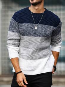 Manfinity Homme Men's Color Block Round Neck Sweater - Multicolor - View 1