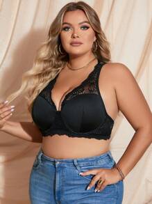 Lace Full Support Bra With Underwire For Plus Size Women - Black - View 6
