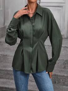 SHEIN Clasi Eo Xếp li Thả vai Tay áo Áo sơ mi - xanh quân đội - Xem 4