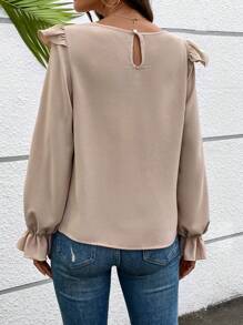 SHEIN LUNE Women's Ruffle Hem Back Button Shirt - Khaki - View 2