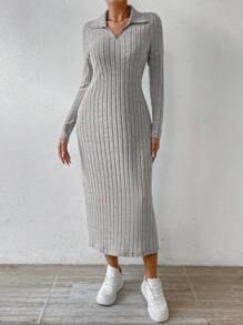 SHEIN Essnce 女士純色鬆緊身連身裙,帶口袋和半拉鍊 - 灰色 - 查看 1