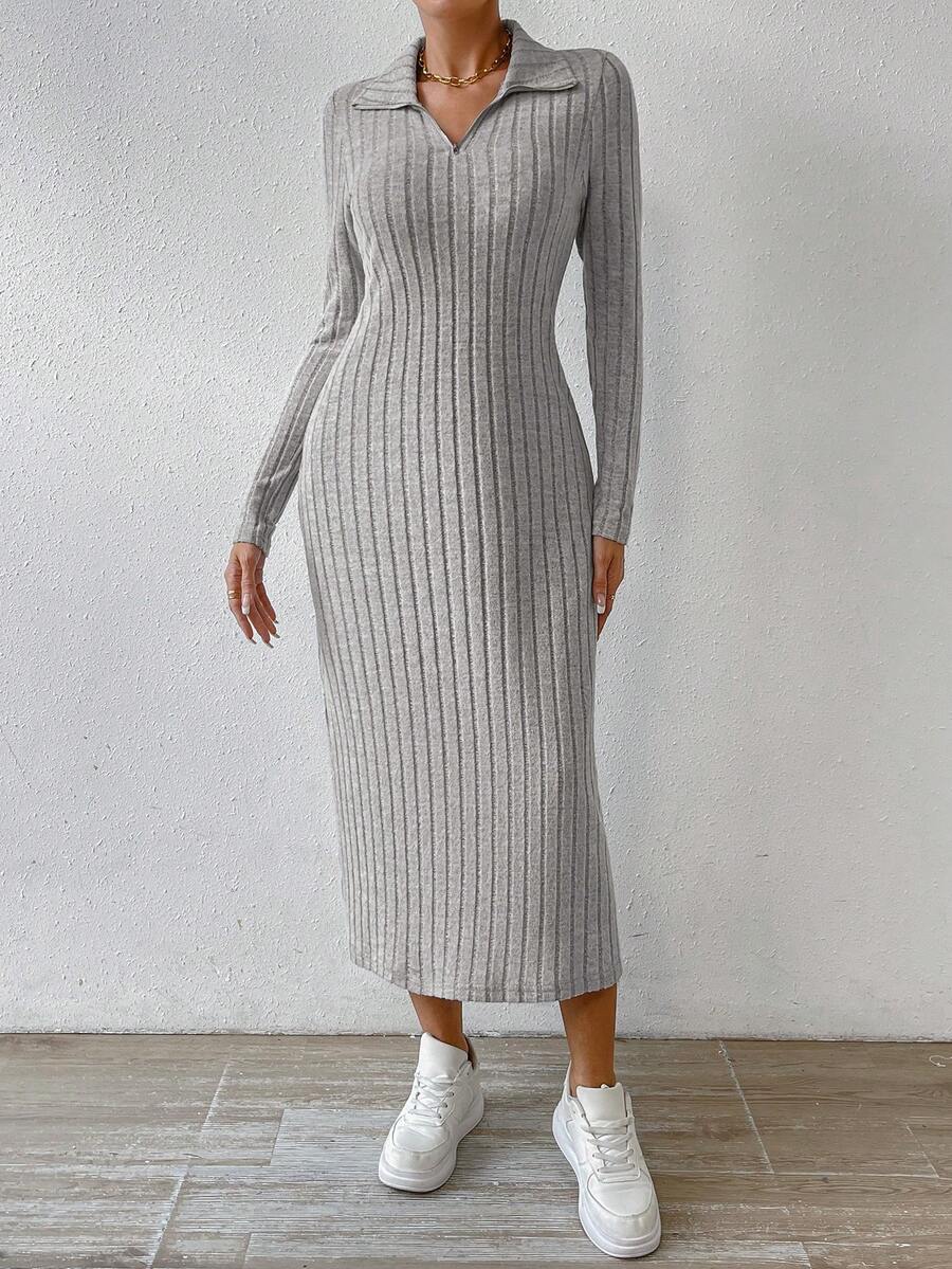 SHEIN Essnce 女士純色鬆緊身連身裙,帶口袋和半拉鍊 - 灰色 - 查看 1