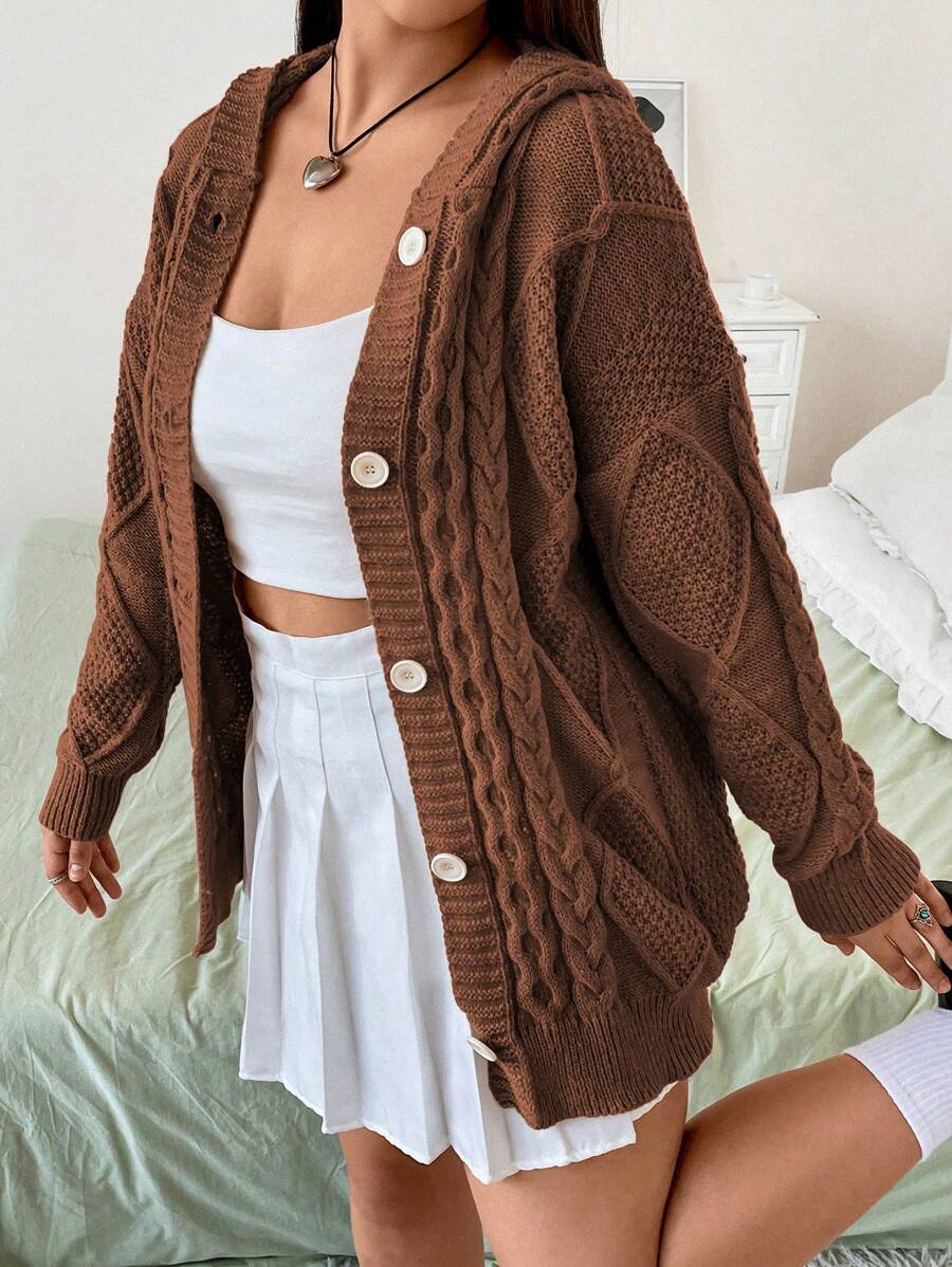 Flirla Của phụ nữ Kích thước lớn Thả vai Nút áo có mũ Dệt kim Áo len Mở - Màu nâu  Mocha - Xem 1