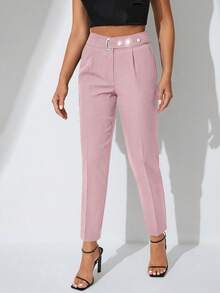 SHEIN Pantalones Anchos Con Cinturón Y Bolsillo Lateral - Rosa vieja - Ver 3