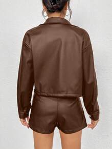 SHEIN Essnce 口袋細節前紐帶女士夾克和短褲套裝 - 棕色 - 查看 2