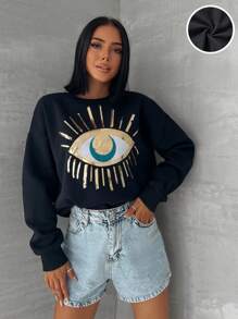 EURMUSE Sequin Eye Pattern Drop Shoulder Sweatshirt - Black - View 1