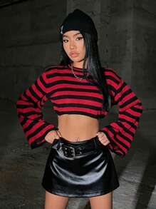 Muchica Casual Striped Flared Sleeve Cropped Sweater, Autumn