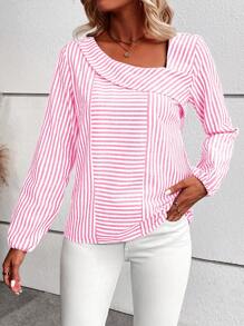 SHEIN LUNE 女款條紋拼接單肩襯衫 - 玫紅色 - 查看 6