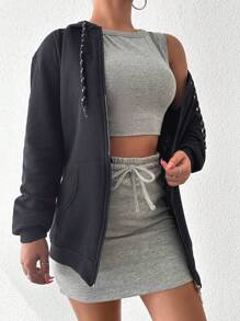 RueChic Women's Hooded Drawstring Sweatshirt Shirt - Dark Grey - View 4