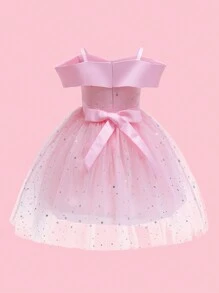 女孩网眼星星亮片公主裙，蓬松及膝婚礼派对礼服