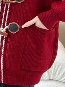 Fashionable V-Neck Cardigan With Sheep Horn Buttons, Spring/Autumn - Red - View 3