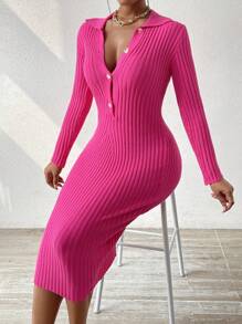 SHEIN Slayr Lapel Button Down Long Dress - Hot Pink - View 4