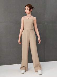 SHEIN Leap Crew Cô gái Dệt Màu thuần Bong bóng Nếp gấp Áo sơ mi , Áo vest Và Quần Bộ - Màu be - Xem 3