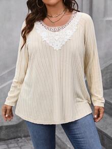 Calvaya Camiseta De Manga Raglán Con Panel De Encaje De Talla Grande - Albaricoque - Ver 5