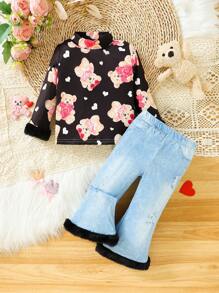 女婴熊印花半高领T恤搭配牛仔效果下摆喇叭裤两件套服装 - 黑色 - 查看 1
