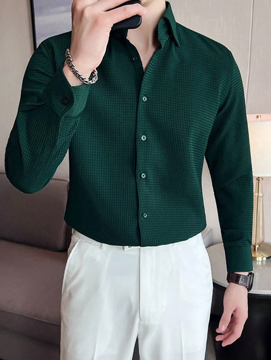 NITAGUT Men Solid Button Up Shirt - Dark Green - View 1