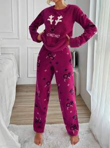 RueChic 圣诞麋鹿与字母刺绣法兰绒睡衣套装 - 紅色 - 查看 3