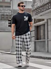 GENTILAND 男士大尺碼格紋拼接口袋t恤和格紋印花褲子休閒2件套裝 - 彩色 - 查看 4