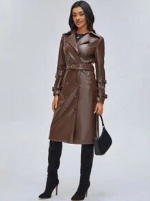 CHEYENNE SAHARA Đôi ngực Thắt lưng chất liệu da PU Áo khoác Trench - màu nâu - Xem 1