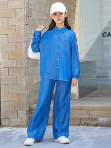 SHEIN 青少年女孩宽松学院风衬衫和裤子套装 - 藍色 - 查看 4