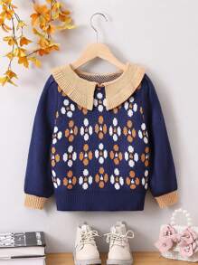 SHEIN 年轻女孩全印花彩色块彼得潘领毛衣 - 藏蓝色 - 查看 1