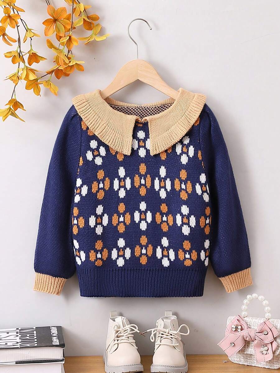 SHEIN 年轻女孩全印花彩色块彼得潘领毛衣 - 藏蓝色 - 查看 1