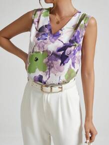 EMERY ROSE Blusa Sin Mangas Con Cuello En V Y Estampado Floral - Morado - Ver 1