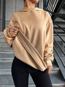 EURMUSE Women's Drop Shoulder Long Sleeve Hooded Warm Loose Casual Pullover Sweatshirt - Beige - View 3