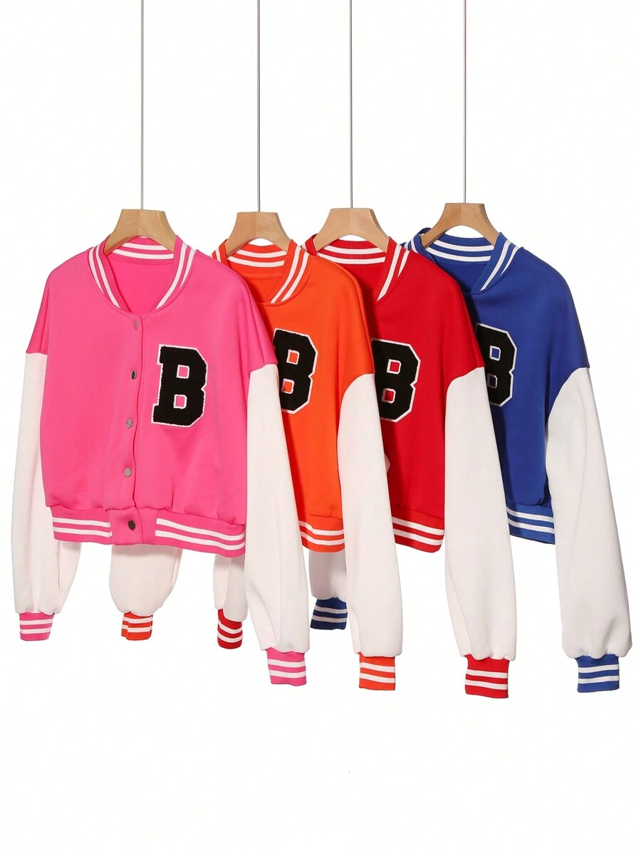 Flirla Plus Letter Patched Striped Trim Drop Shoulder Crop Varsity Jacket - Multicolor - View 1
