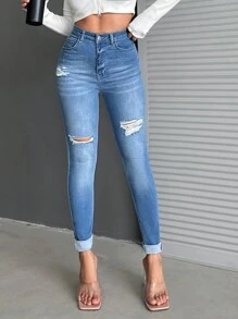 EURMUSE Women's Slim-fit Ripped Jeans - Blue - View 1