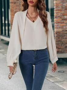 SHEIN LUNE Solid V Neck Blouse - Apricot - View 3