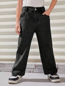 Young Girl Slant Pocket Straight Leg Jeans - Black - View 7