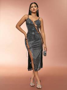 D&M Lace Up Side Sequin Formal Dress - Black - View 6