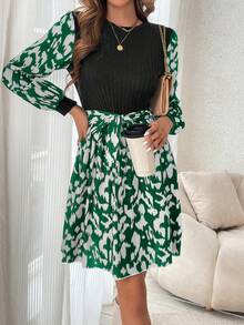 SHEIN Frenchy Của phụ nữ In Đồ họa Tay áo lồng đèn Váy có thắt lưng - Nhiều màu - Xem 6