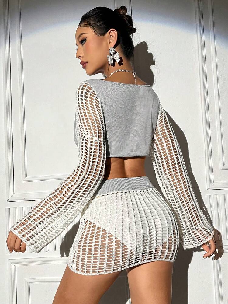 Knitted Hollow Out Ultra Short Sweater And Skirt Two Piece Set
