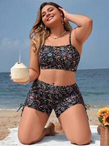 Swim Lushoire Summer Beach Women's Printed Spaghetti Strap Black Plus Size Bikini Set - Multicolor - View 6