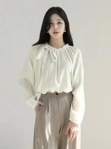 DAZY 纯色女士衬衫，带领带，长袖 - 白色 - 查看 3