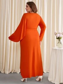 SHEIN Privé Women'S Elegant Orange Round Neck Plus Size Split Dress - Burnt Orange - View 2