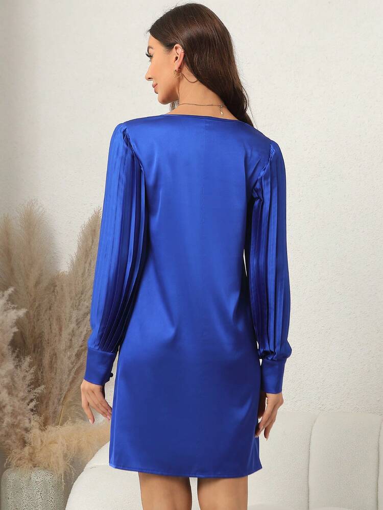 Keyhole Neckline Pleated Lantern Sleeve Satin Dress