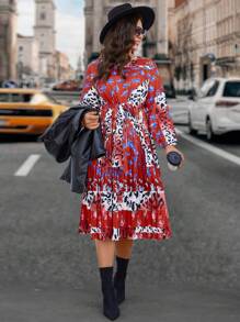 Calvaya Plus Size Leopard & Floral Print Splicing Lantern Sleeve Belted Dress - Red - View 5