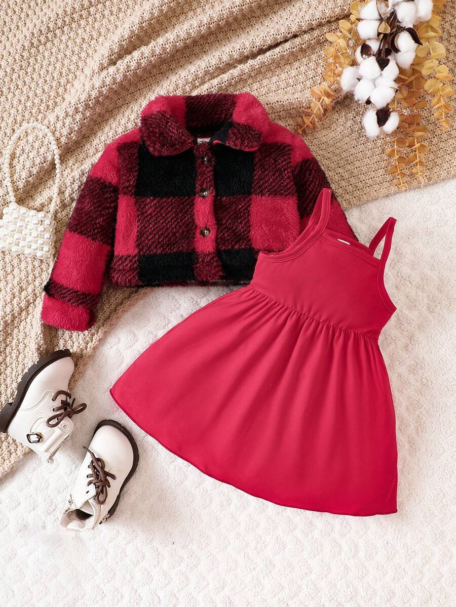 嬰兒女童秋季短毛絨黑白夾克搭配細肩帶連衣裙 - 紅色 - 查看 1