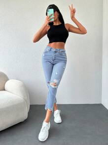 EURMUSE 100%Cotton Ripped Raw Hem Mom Fit Jeans - Light Wash - View 3