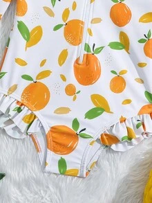 Baby Girls' One-piece Swimsuit With Random Print, Ruffle Hem And Hood - Orange - View 4