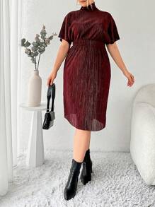 RueChic Plus High Neck Batwing Sleeve Dress Without Belt - Burgundy - View 6