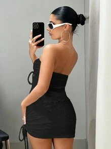 SHEIN ICON 女士無肩帶褶皺短上衣和裙子套裝 - 黑色 - 查看 2