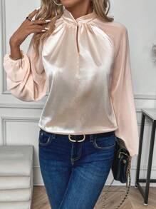 SHEIN Clasi 拉干袖圓領鑽石領長袖t恤 - 杏色 - 查看 4