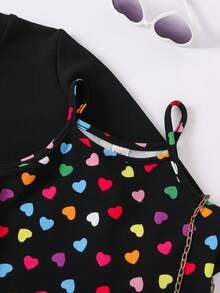 SHEIN 幼兒女孩心形印花兩件式吊帶洋裝和運動衫 - 黑色 - 查看 4
