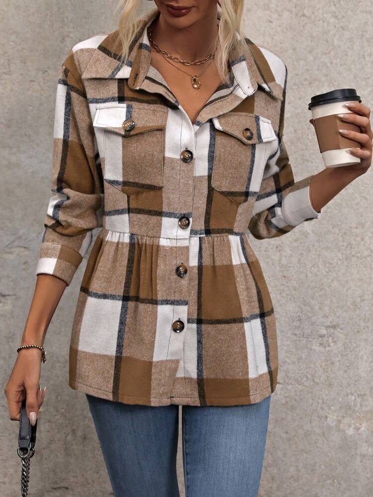 Women's Plaid Woolen Coat With Pocket
