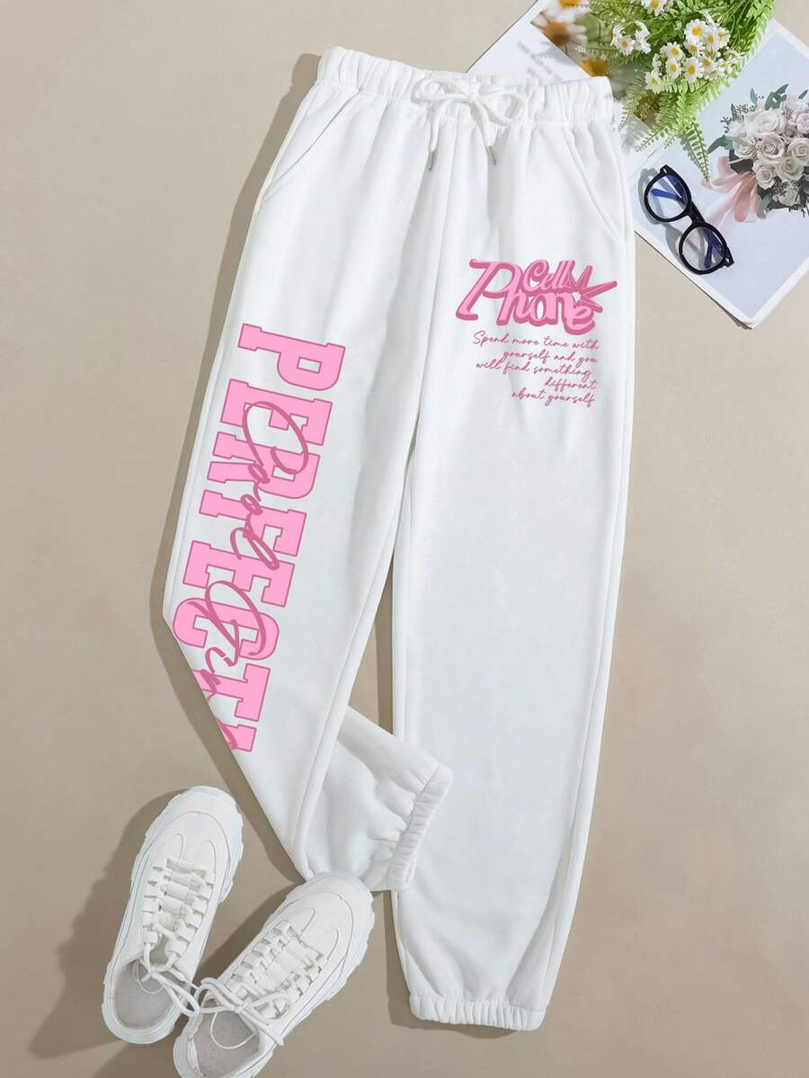 SHEIN EZwear 女士字母印花束口運動褲 - 白色 - 查看 1